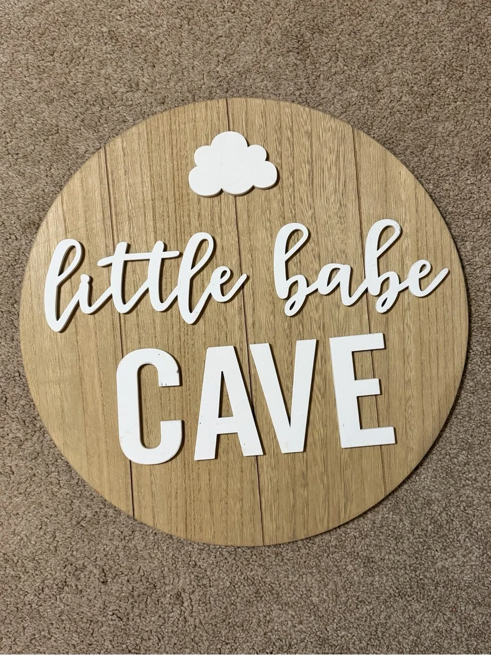 Hobby Lobby Round Wood 'Little Babe Cave' Sign in White and Natural